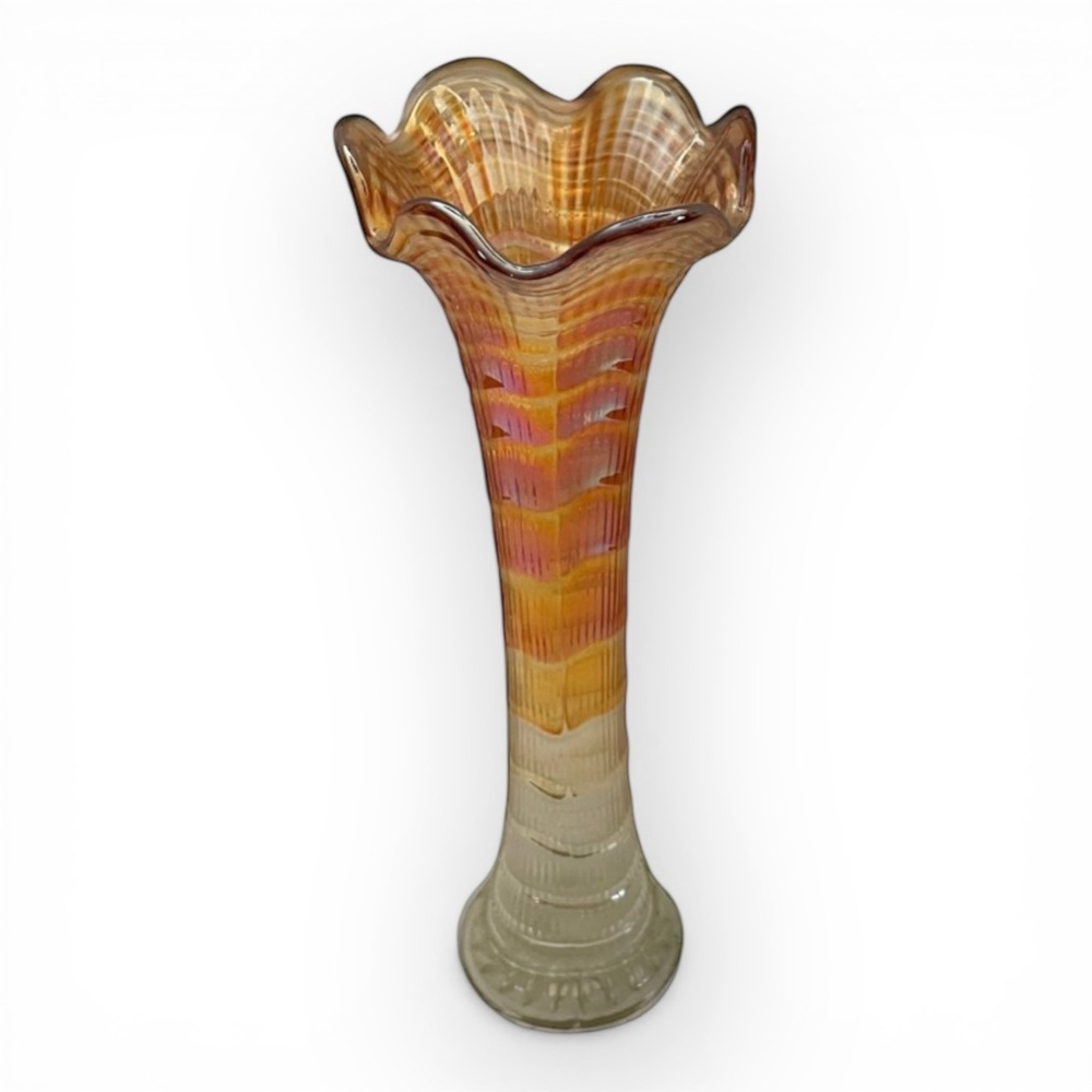 12.5” Imperial Ripple Marigold Carnival Glass Iridescent Swung Vase